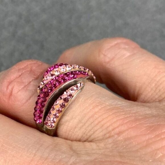 Vintage Gold Plated Sterling Silver & Crystal Cocktail Ring-Pink Stones/Silver - Picture 9 of 11